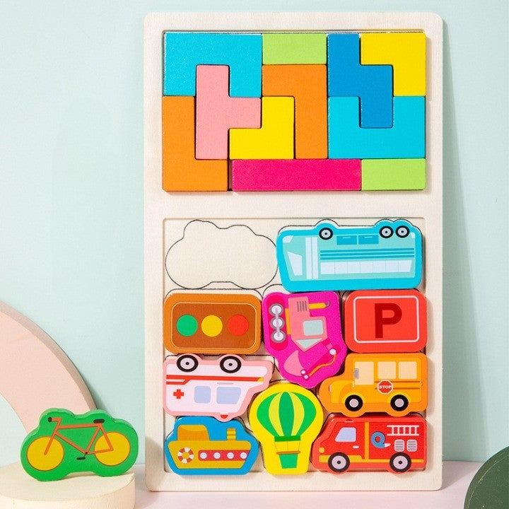Puzzle Montessori Din Lemn Pentru Copii, Tip Tetris 2In1, +3 Ani, Cu Masini Colorate 3D, Educativ, Intuitiv, Creativ, 21 De Piese, 28.5X17X1.2 Cm, Multicolor - vivimall.ro