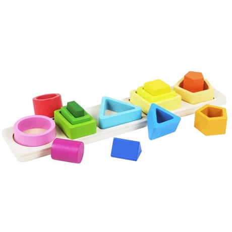 Jucarie Montessori din Lemn, Flippy, Tip Puzzle, cu 5 Forme Asimetrice, 15 Piese, Educativa, Interactiva, Creativa, Model Forme Geometrice, Materiale Non Toxice, +2 Ani, 29x6.5 cm, Multicolor