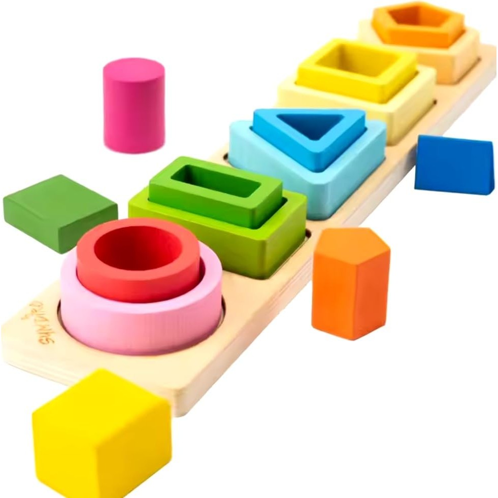 Jucarie Montessori din Lemn, Vivimall, Tip Puzzle, cu 5 Forme Asimetrice, 15 Piese, Educativa, Interactiva, Creativa, Model Forme Geometrice, Materiale Non Toxice, +2 Ani, 29x6.5 cm, Multicolor - vivimall.ro