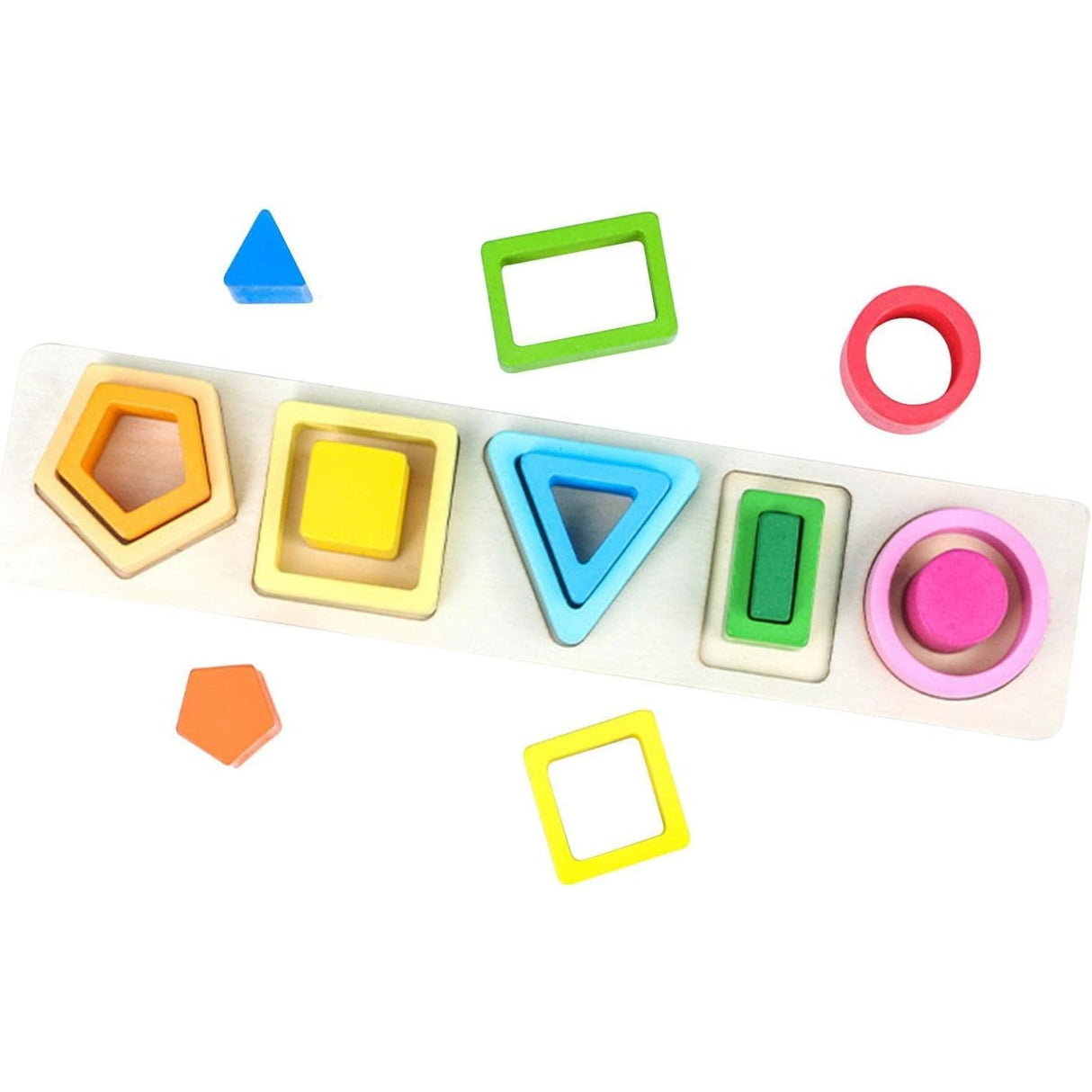 Jucarie Montessori Din Lemn, Tip Puzzle, Cu 5 Forme Asimetrice, 15 Piese, Educativa, Interactiva, Creativa, Model Forme Geometrice, Materiale Non Toxice, +2 Ani, 29X6.5 Cm, Multicolor - vivimall.ro