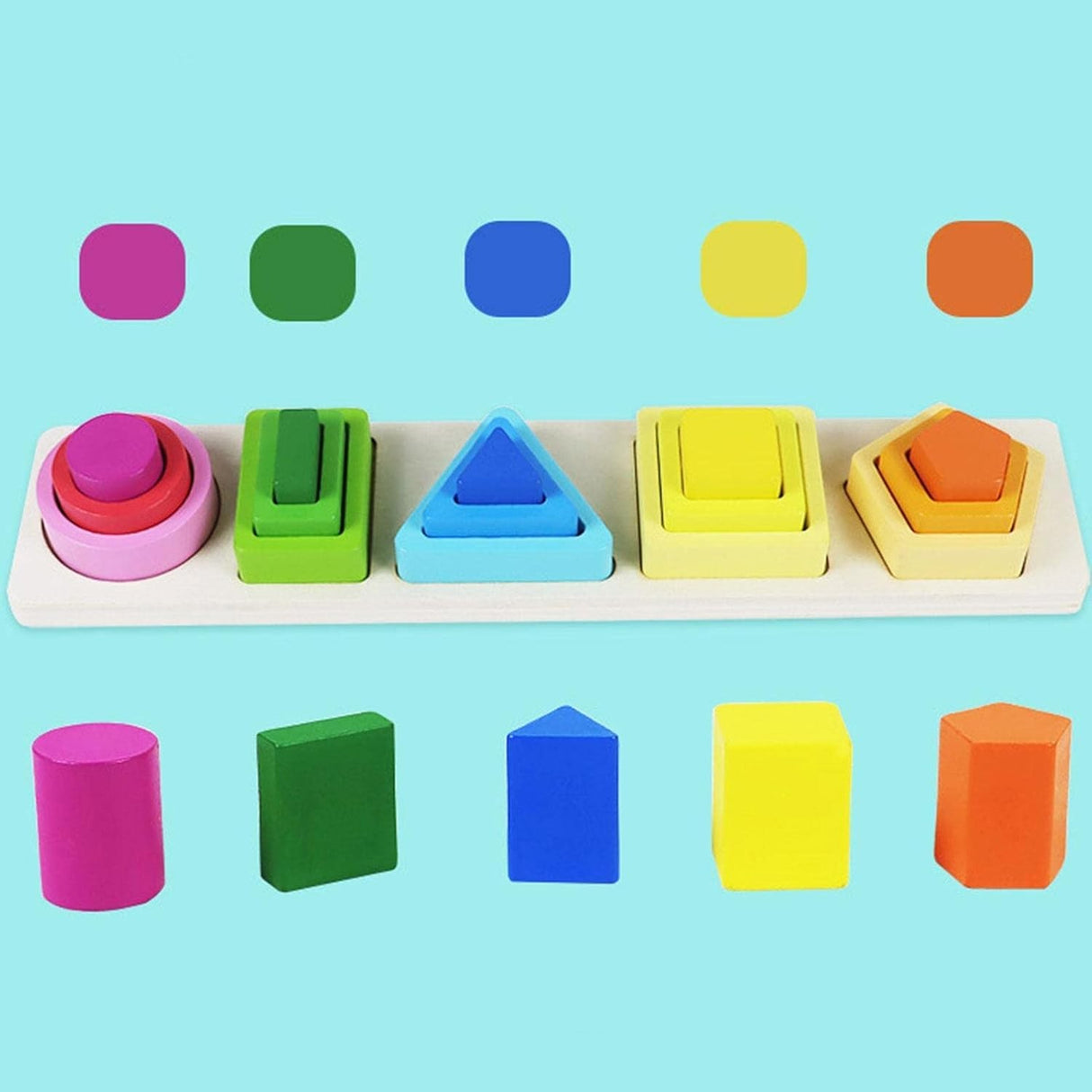 Jucarie Montessori Din Lemn, Tip Puzzle, Cu 5 Forme Asimetrice, 15 Piese, Educativa, Interactiva, Creativa, Model Forme Geometrice, Materiale Non Toxice, +2 Ani, 29X6.5 Cm, Multicolor - vivimall.ro