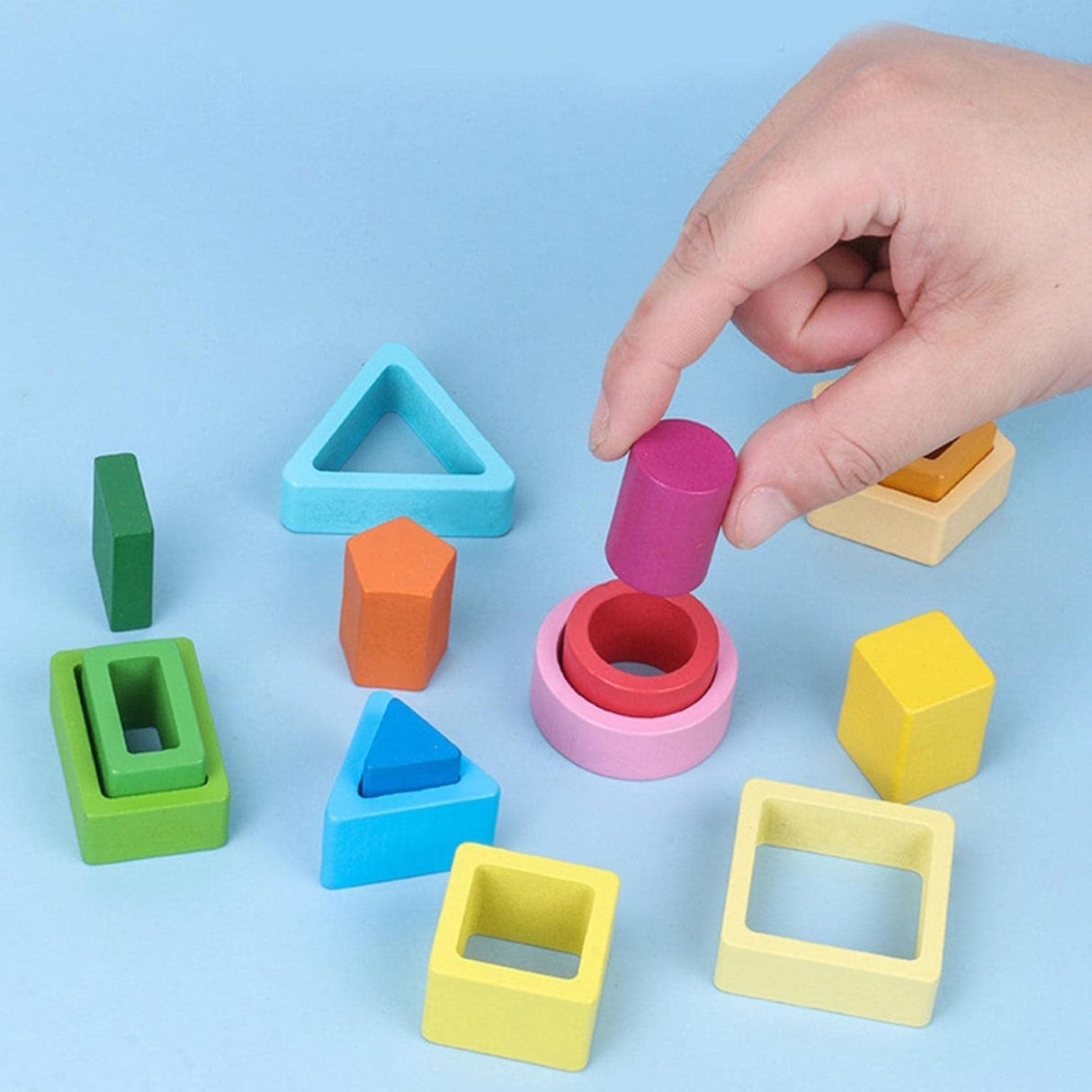 Jucarie Montessori Din Lemn, Tip Puzzle, Cu 5 Forme Asimetrice, 15 Piese, Educativa, Interactiva, Creativa, Model Forme Geometrice, Materiale Non Toxice, +2 Ani, 29X6.5 Cm, Multicolor - vivimall.ro