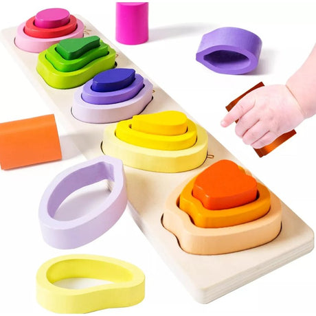 Jucarie Montessori din Lemn, Flippy, Tip Puzzle, cu 5 Forme Asimetrice, 15 Piese, Model Fructe, Educativa, Interactiva, Creativa, Materiale Non Toxice, +2 Ani, 29x6.5 cm, Multicolor