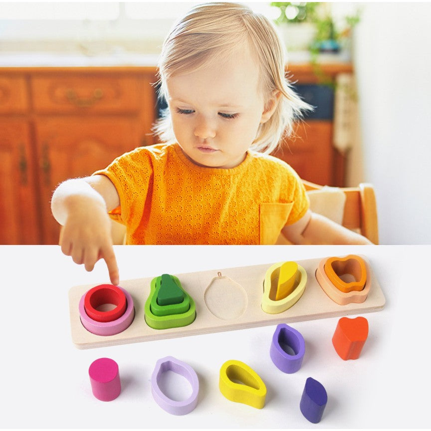 Jucarie Montessori Din Lemn, Tip Puzzle, Cu 5 Forme Asimetrice, 15 Piese, Model Fructe, Educativa, Interactiva, Creativa, Materiale Non Toxice, +2 Ani, 29X6.5 Cm, Multicolor - vivimall.ro