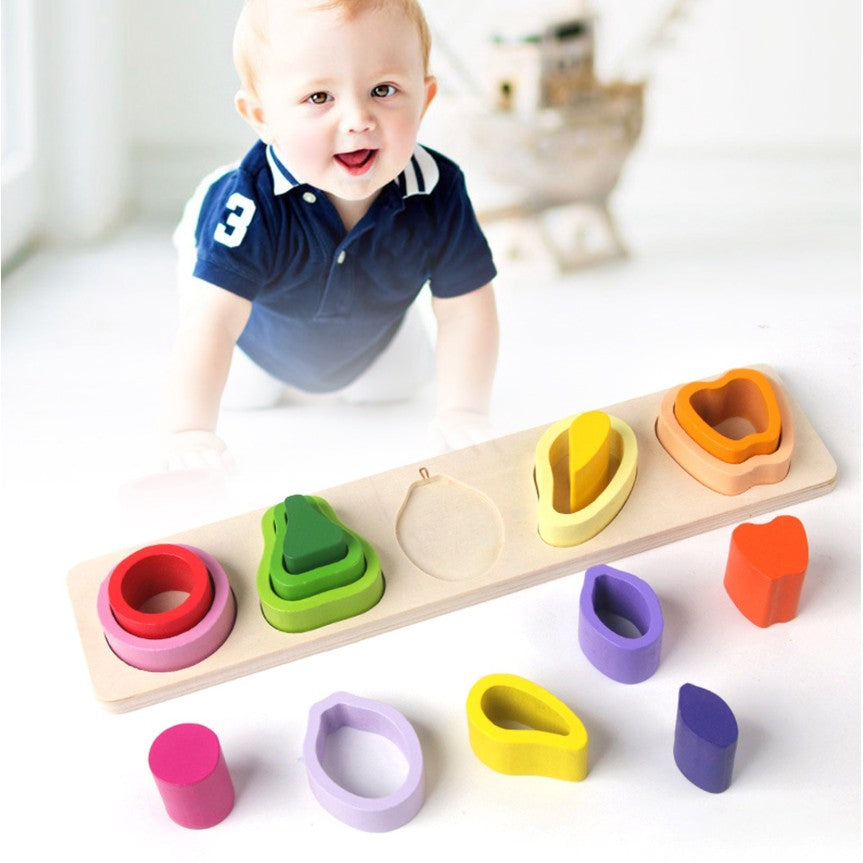 Jucarie Montessori Din Lemn, Tip Puzzle, Cu 5 Forme Asimetrice, 15 Piese, Model Fructe, Educativa, Interactiva, Creativa, Materiale Non Toxice, +2 Ani, 29X6.5 Cm, Multicolor - vivimall.ro