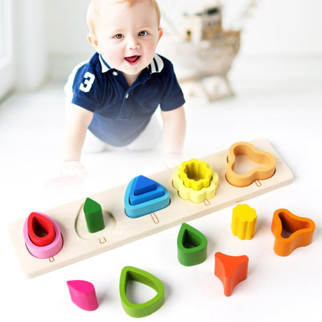 Jucarie Montessori din Lemn, Flippy, Tip Puzzle, cu 5 Forme Asimetrice, 15 Piese, Educativa, Interactiva, Creativa, Model Copaci, Materiale Non Toxice, +2 Ani, 29x6.5 cm, Multicolor