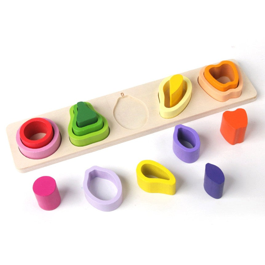 Jucarie Montessori Din Lemn, Tip Puzzle, Cu 5 Forme Asimetrice, 15 Piese, Model Fructe, Educativa, Interactiva, Creativa, Materiale Non Toxice, +2 Ani, 29X6.5 Cm, Multicolor - vivimall.ro