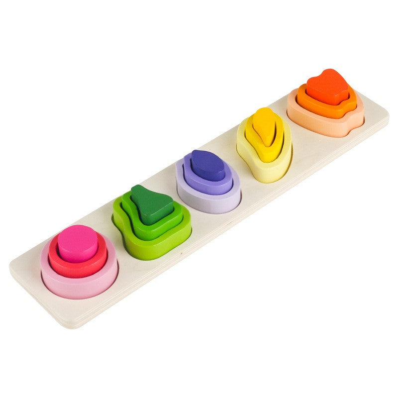 Jucarie Montessori Din Lemn, Tip Puzzle, Cu 5 Forme Asimetrice, 15 Piese, Model Fructe, Educativa, Interactiva, Creativa, Materiale Non Toxice, +2 Ani, 29X6.5 Cm, Multicolor - vivimall.ro