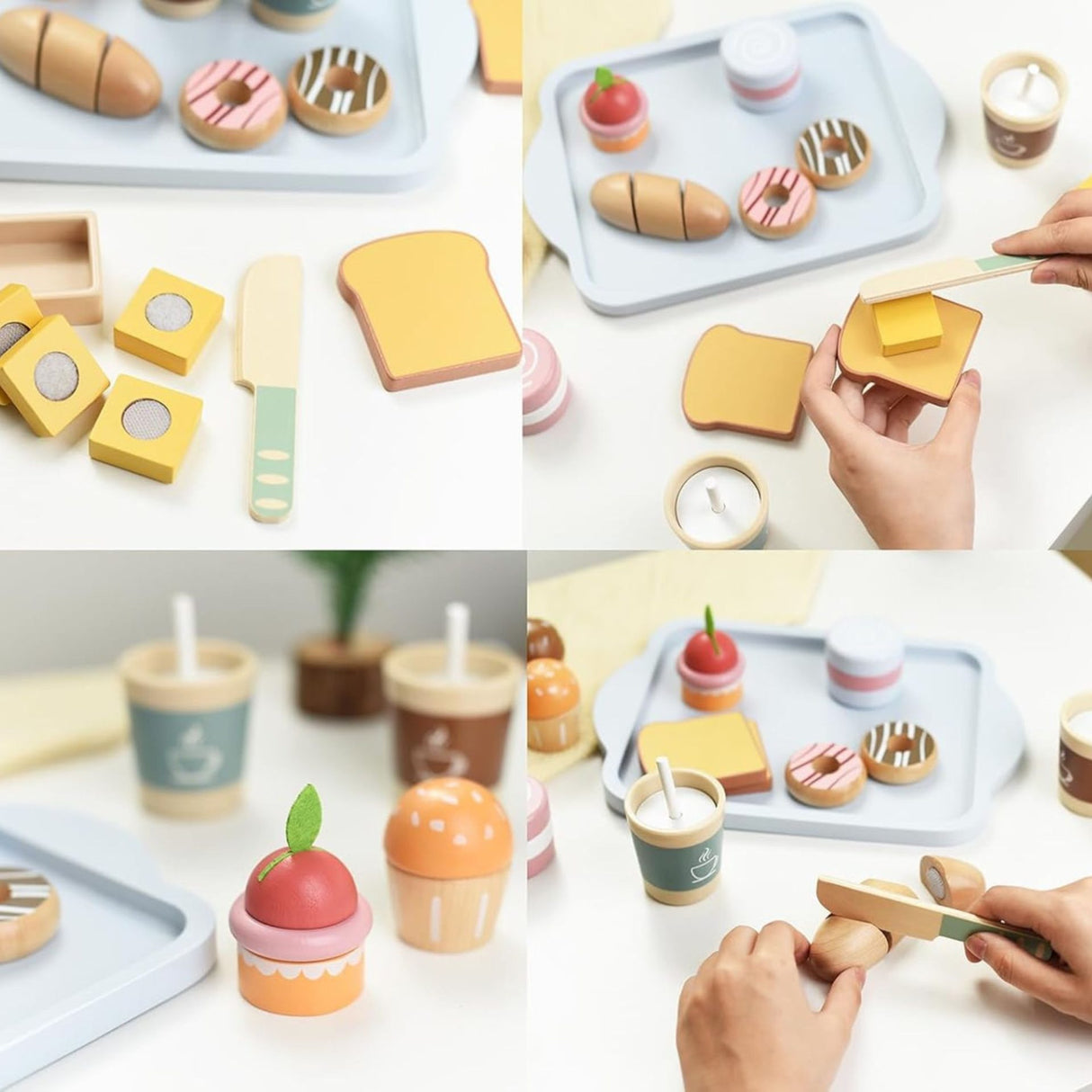 Jucarie Educativa Montessori din Lemn, Flippy, Set de Mic Dejun Interactiv cu Tava si 15+ Accesorii, Prajituri cu Scai, Dezvolta Motricitatea si Dexteritatea, 3ani+, Multicolor - vivimall.ro