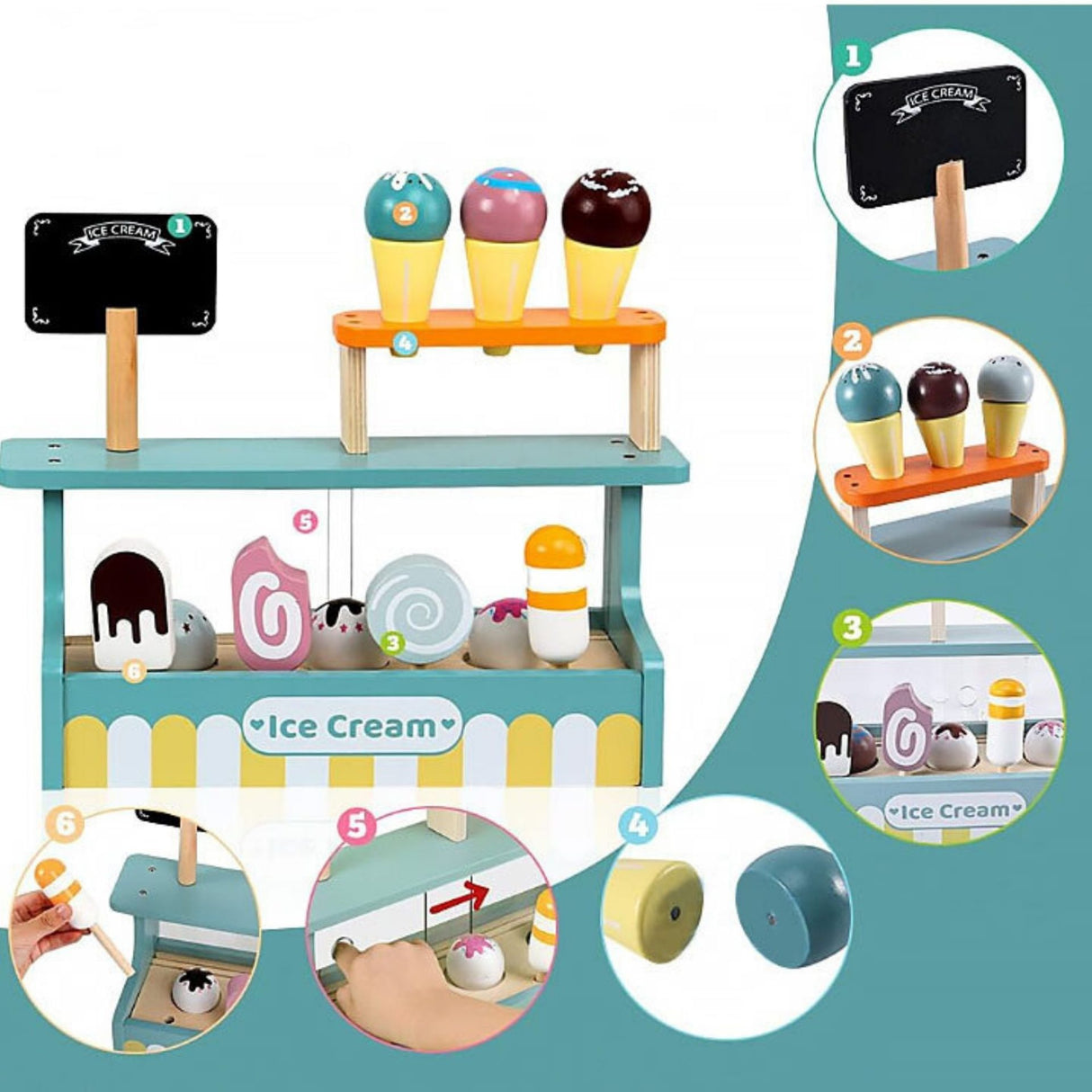Accesorii colorate incluse în setul Flippy stand înghețată lemn, ingrediente magnetice detaliu