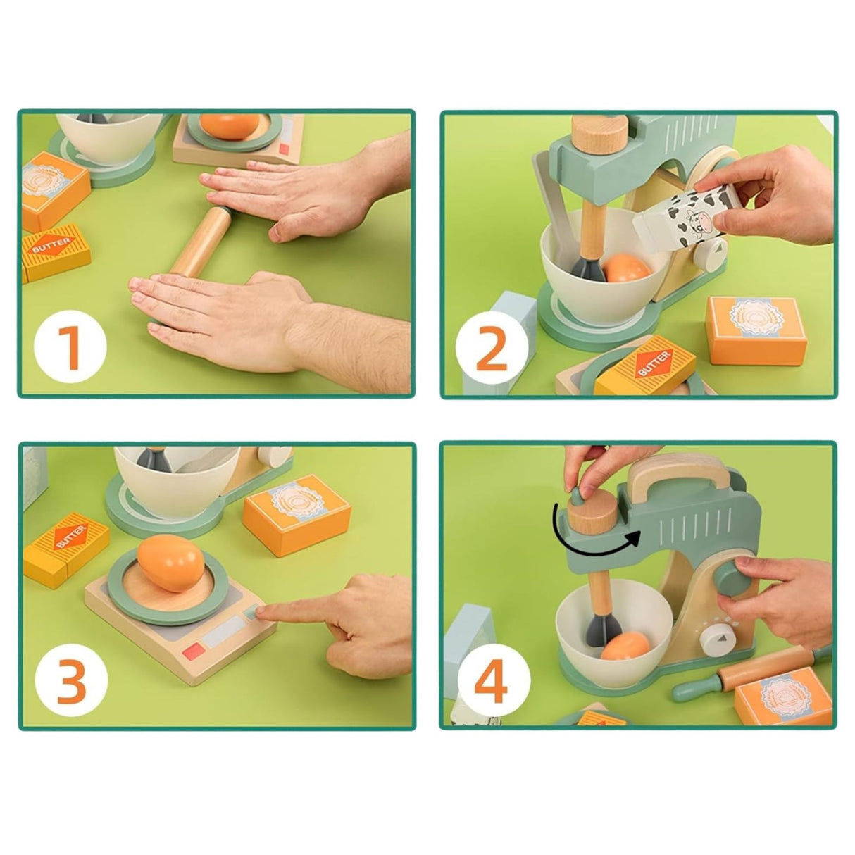 Copil jucându-se cu setul de bucătărie din lemn Flippy, joc de rol Montessori interactiv