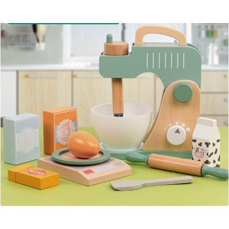 Mixer de bucătărie din lemn Flippy, detaliu componente multicolor, jucărie Montessori 3 ani+