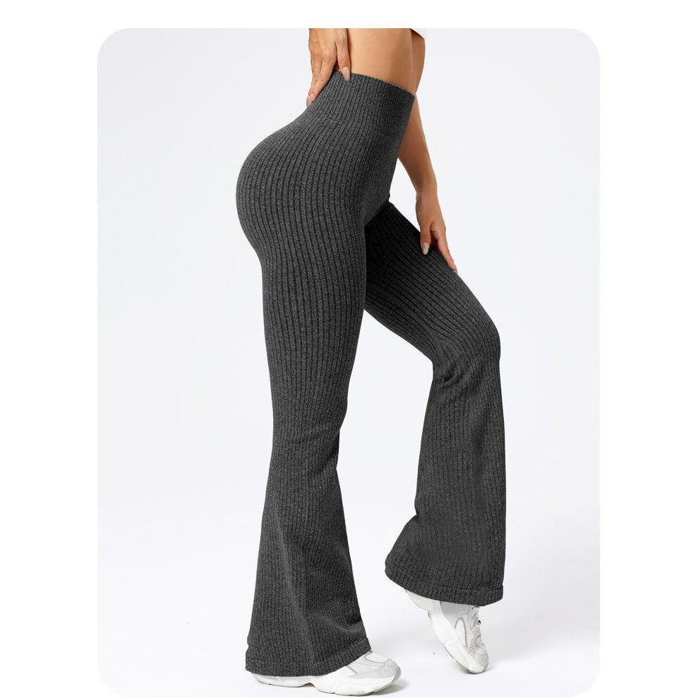 Detaliu talie înaltă fără cusături pantaloni yoga negri, țesătură tricotată cu nervuri, elasticitate ridicată