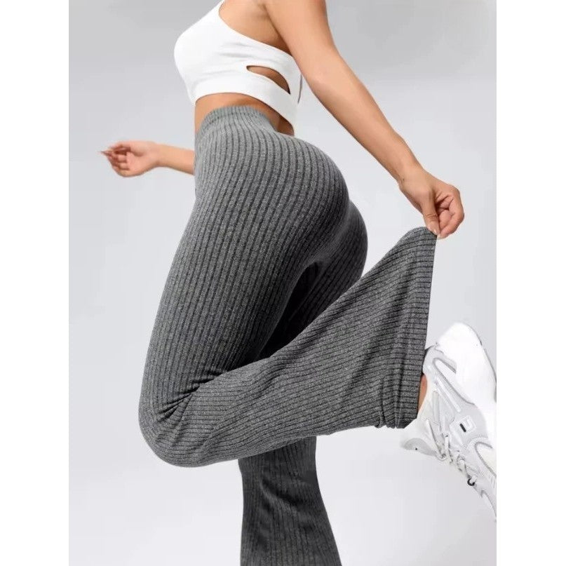 Pantaloni Sport de Dama, Vivimall, pentru Yoga, Talie Inalta, Evazati, Tricotati, Gri Inchis, Marime XS - vivimall.ro