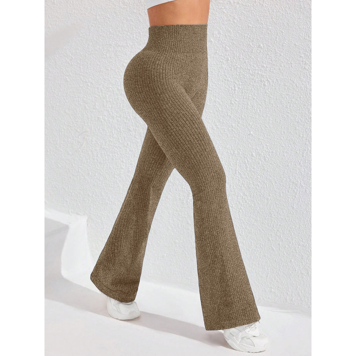 Detaliu talie înaltă fără cusături pantaloni sport Vivimall khaki, material tricot spandex-nylon