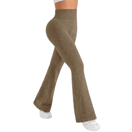 Pantaloni tricotați damă yoga, talie înaltă, evazați, culoare khaki, mărime XL — vedere frontală