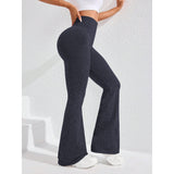Pantaloni sport evazați damă Vivimall albastru marin, purtați în ținută yoga, vedere laterală